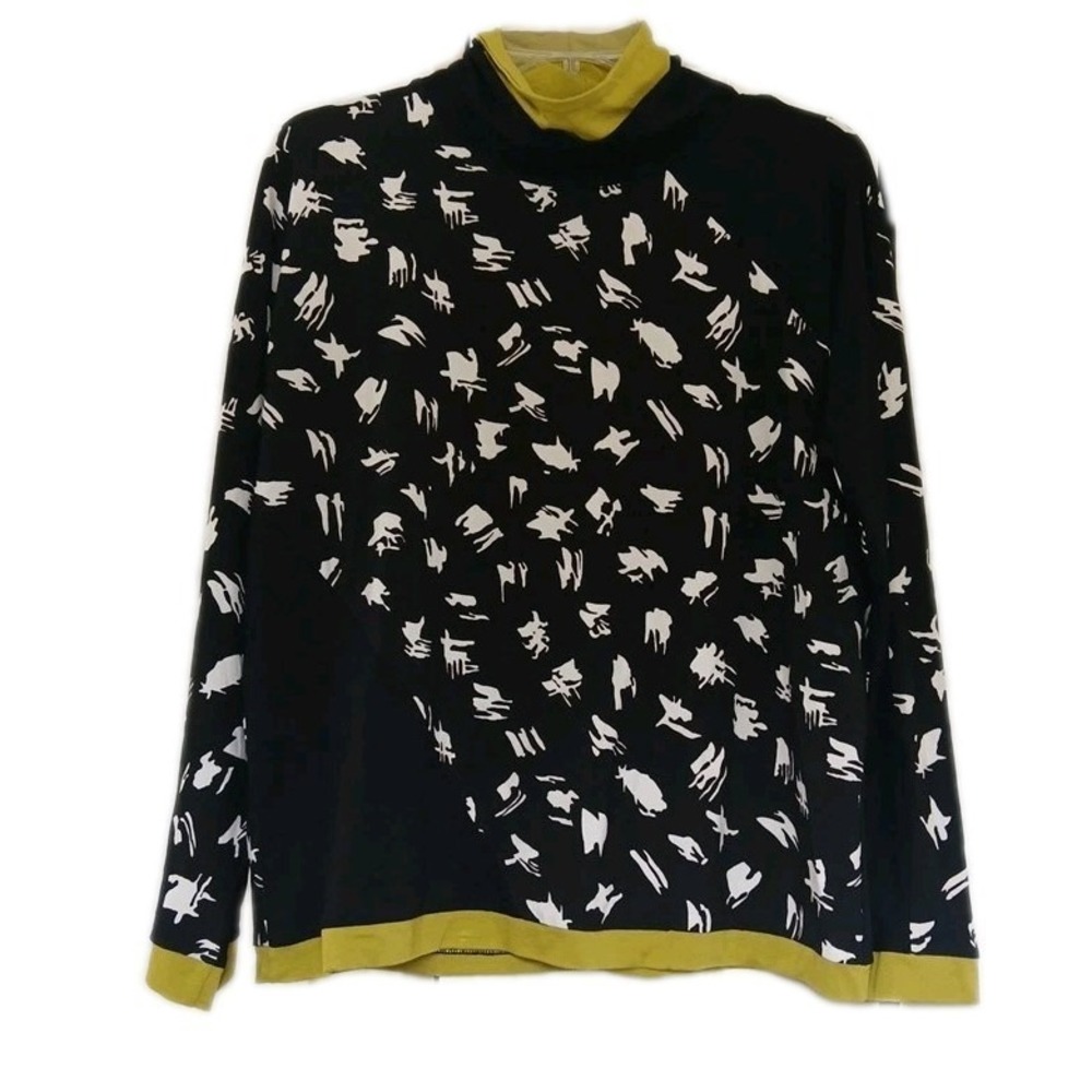 Lisa Bayne‎ black white green Print long sleeve turtleneck Lagenlook womens XS